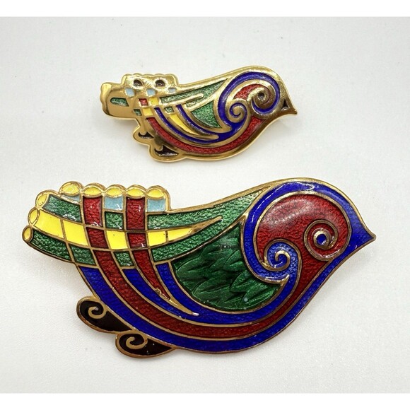Tara Ware Celtic Dublin Ireland MetaEnamel Colorful Bird Brooch Pin Set Of 2
